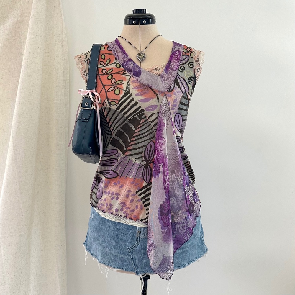 Y2k Anac Purple Floral Mesh Top Medium Lace Fairy Grunge Boho Artsy Butterfly